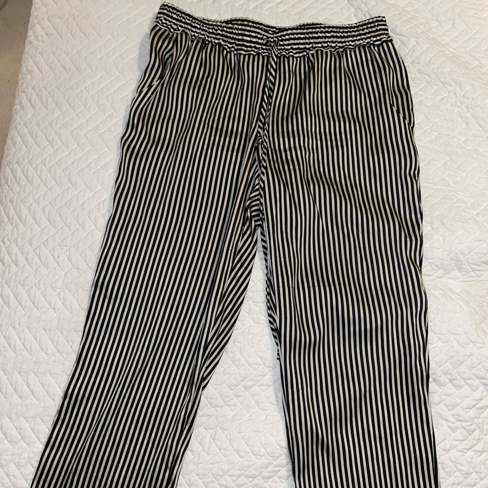 Drew silky black and white striped pants with drawstring